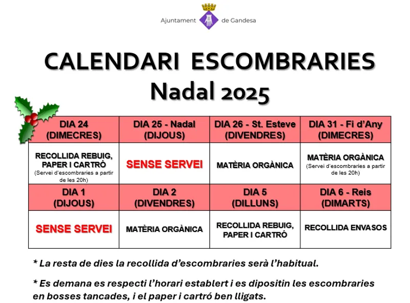 Imatge: CALENDARI ESCOMBRARIES - NADAL 2025