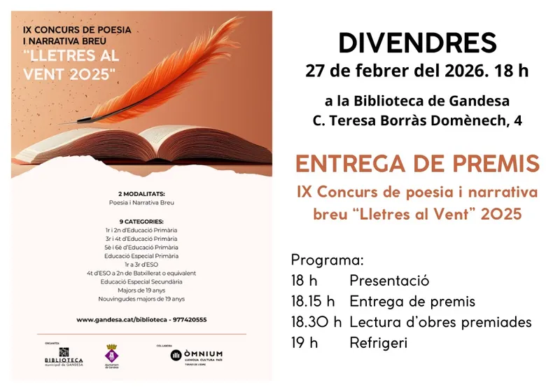 Imatge: ENTREGA DE PREMIS - IX CONCURS DE POESIA I NARRATIVA BREU "LLETRES AL VENT 2025"