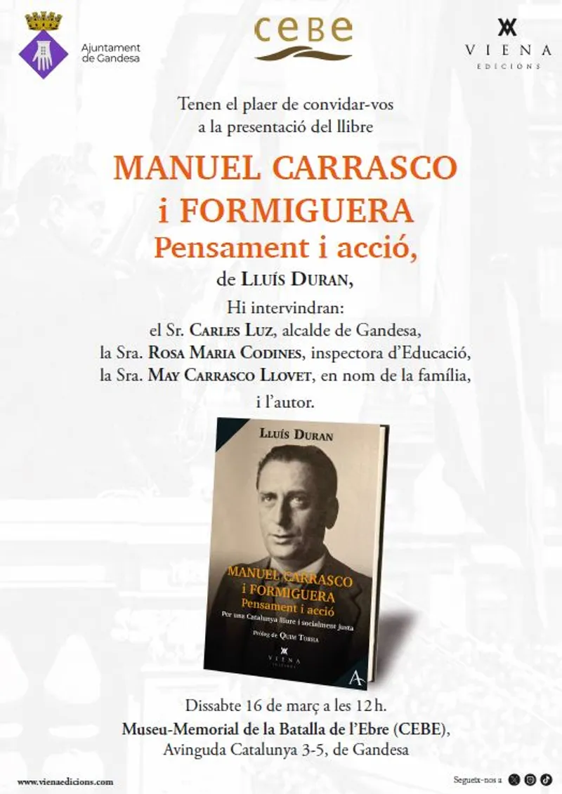 Cartell: Presentació del llibre - MANUEL CARRASCO i FORMIGUERA Pensament i acció de Lluís Duran