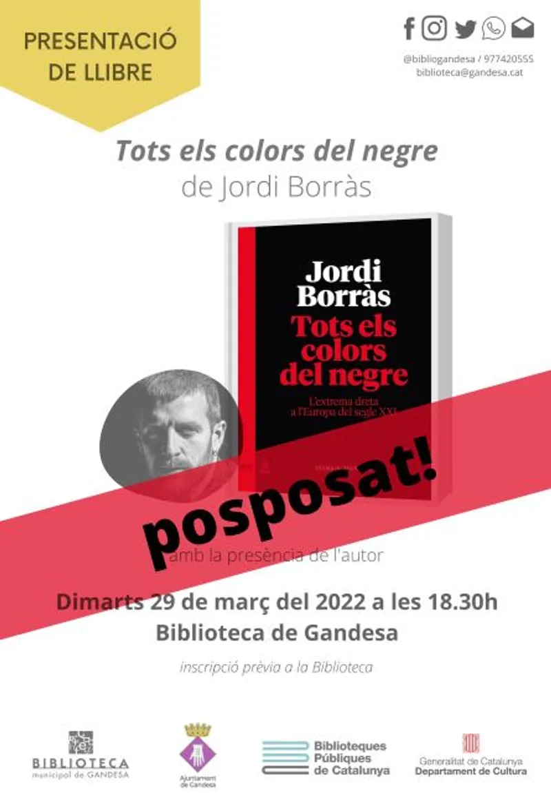 Cartell: Biblioteca Municipal - Presentació del llibre "Tots els colors del negre" de Jordi Borràs (POSPOSAT)