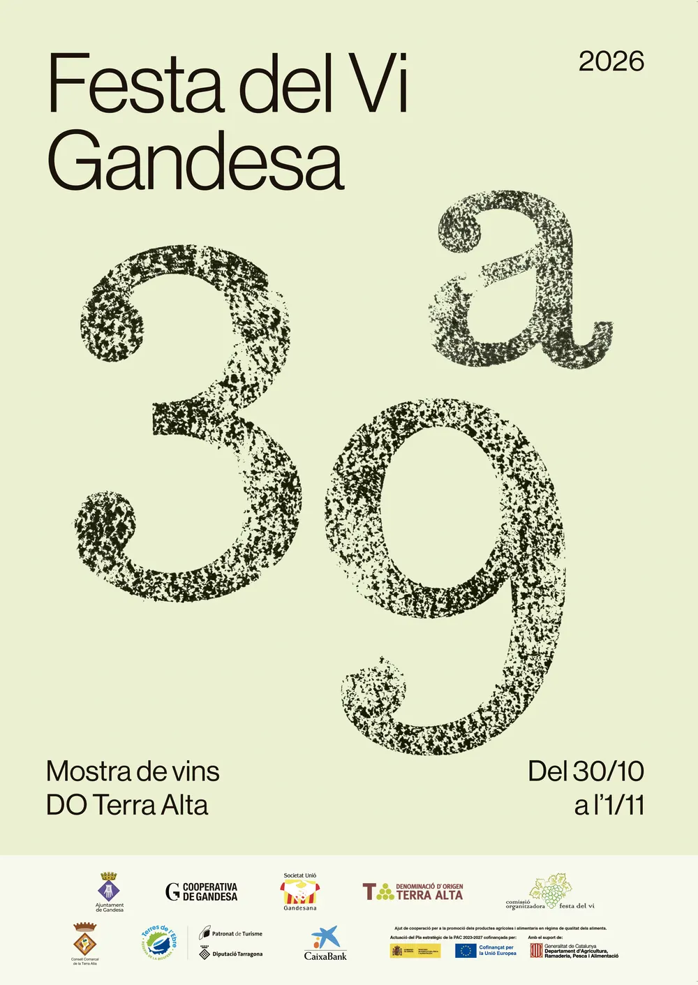 Cartell: Gandesa celebrarà la 39a edició de la Festa del Vi amb un Espai Àgora renovat i amb caràcter reivindicatiu pel sector